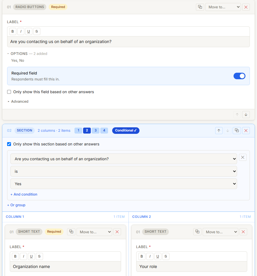 Wren's conditional logic: a section with Organization name and Your role fields is set to appear only when the answer to 'Are you contacting us on behalf of an organization?' is Yes.
